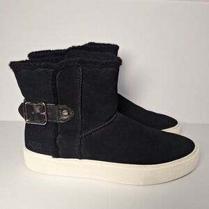 UGG Black Suede Shearling Ankle Booties with White Platform Sole
